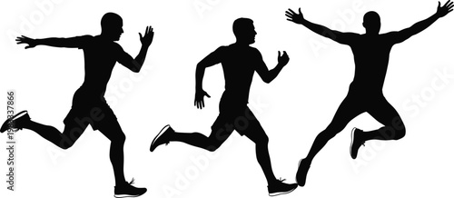 Running man silhouette set showing sprinting jogging and jumping poses, athletic fitness motion collection isolated on white background, dynamic sports activity vector illustration