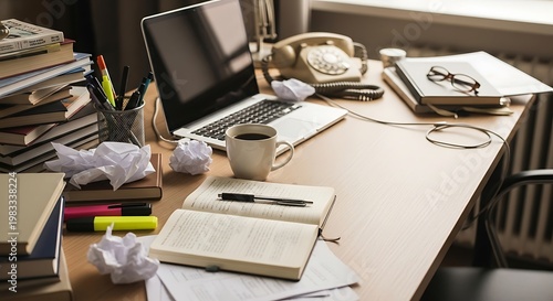 Busy Writers Desk - Laptop, Notebook, and Creative Chaos.