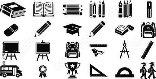 Set of education icons with books pencils backpack and school tools, learning symbols collection, academic equipment black vector illustration isolated on white background