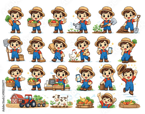 Chibi-style farmer mascot illustration set with 20 poses showing farming activities such as harvesting crops, watering plants, feeding animals, using tools, and smart farming with mobile devices. 