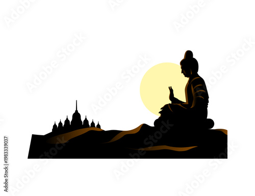 Peaceful Buddha Silhouette Landscape with Ancient Pagoda Temple and Sunset Horizon Background