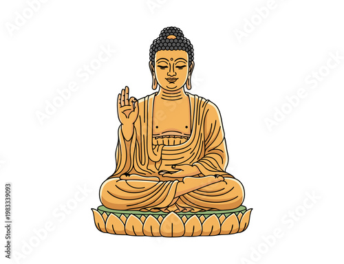 Traditional Seated Buddha Character in Meditation Pose on Lotus Base Colorful Religious Illustration