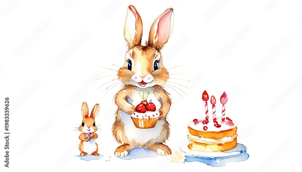 Fototapeta premium Watercolor bunny holding cake, cute children’s illustration