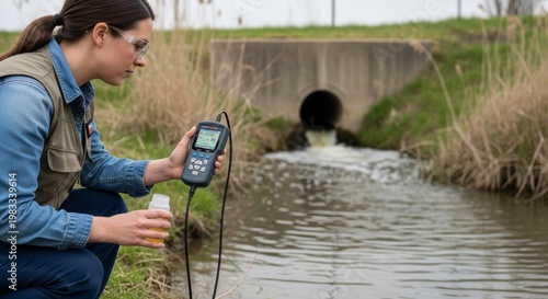 Woman environmental scientist testing water quality from a river near a drainage pipe. Eco professional using a digital meter for pollution control and environmental research analysis.