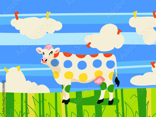 Cow with creme-colored skin and twister-patterned spots standing in profile on green grassy meadow against blue stripe-ornamented sky with white clouds drying on fresh air; flat vector illustration