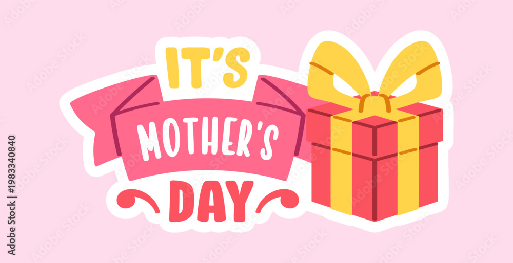 Fototapeta premium Mother Day Gift With Ribbon Badge Cartoon