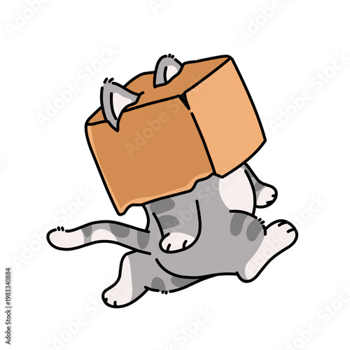 Cute cat playing with cardboard box, colorful cartoon illustration, fun and playful concept for stickers and pet-themed designs.