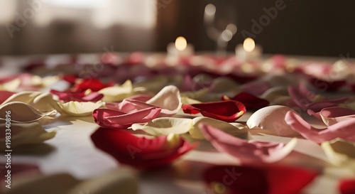 Romantic Rose Petals Scattered on Table with Candles, Shallow Depth of Field
