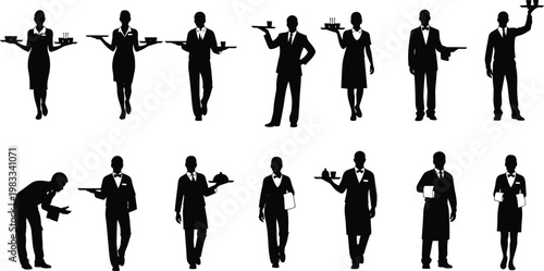 Waiter and waitress silhouettes set carrying trays with food and drinks, restaurant service staff collection, hospitality workers poses black vector illustration isolated background