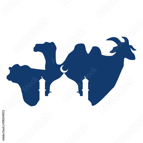 Blue silhouette of camel, goat, and cow with mosque for Eid al-Adha. Islamic sacrifice festival banner and celebration concept