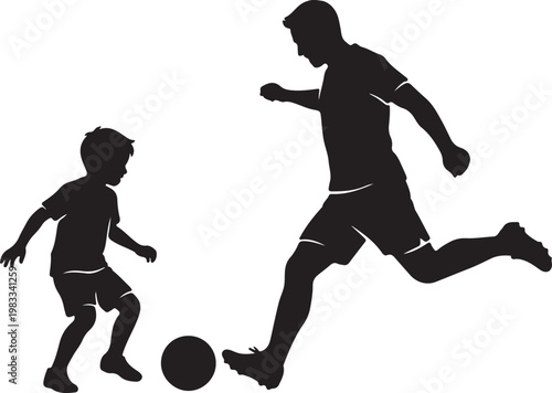 Father and son playing soccer silhouettes of people kicking ball football silhouette activity parenthood childhood recreation exercise training movement athletic