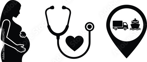Pregnant woman silhouette with stethoscope heart and logistics map pin icon for maternal health delivery services and prenatal care concept