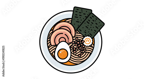 A bowl of ramen noodles with meat, egg, nori, and a narutomaki slice