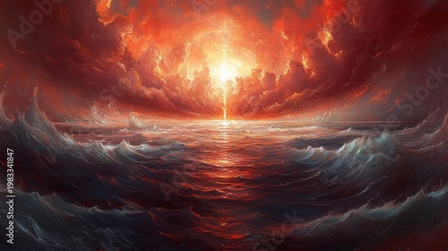 Dramatic seascape with stormy sky and sun