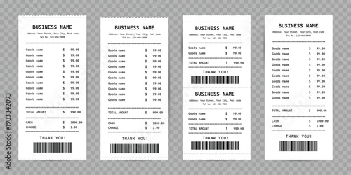 Paper Receipt Template with Barcode. Vector Mockup.