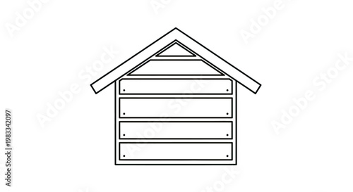 A minimalist line drawing depicts a simple shed with a peaked roof