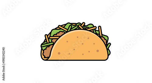 A cartoon taco with meat, lettuce, cheese, and a crispy shell