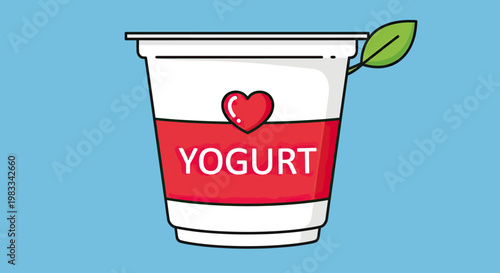 A white yogurt cup with a red band and heart icon is shown