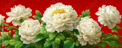Illustration featuring white and pink peonies with dark green foliage set against a solid red backdrop, used as a repeating motif for textiles, wallpaper, and gift wrap
