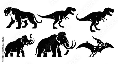 Prehistoric Animals Silhouettes Set: Dinosaurs, Mammoths, Saber-toothed Tigers, and Pterodactyls