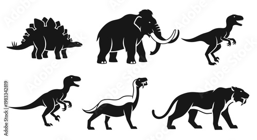Prehistoric Animals Silhouettes Set: Dinosaurs, Mammoth, Saber-toothed Tiger