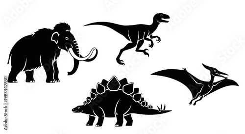Prehistoric Animals Silhouettes Set: Mammoth, Dinosaur, Stegosaurus, Pterodactyl