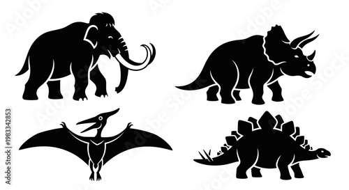 Prehistoric Animals Silhouettes Set: Mammoth, Dinosaurs, and Pterodactyl Vector Icons