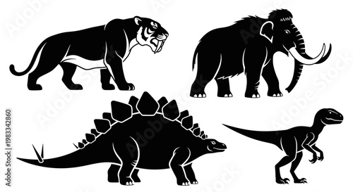 Prehistoric Animals Silhouettes Set: Mammoth, Saber-toothed Tiger, Stegosaurus, Velociraptor
