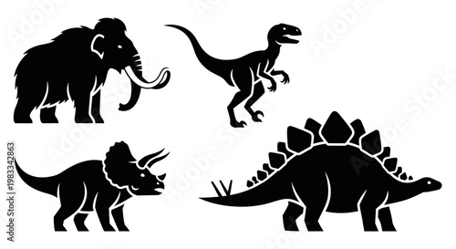 Prehistoric Animals Silhouettes Set: Mammoth, Velociraptor, Triceratops, and Stegosaurus Icons