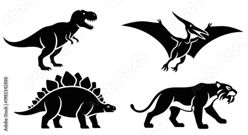 Prehistoric Animals Silhouettes Set: T-Rex, Pterodactyl, Stegosaurus, and Saber-toothed Tiger Icons