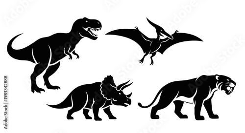 Prehistoric Animals Silhouettes Set: T-Rex, Triceratops, Pterodactyl, and Saber-toothed Tiger Icons