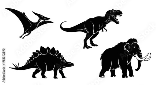 Prehistoric Animals Silhouettes Set: Tyrannosaurus Rex, Stegosaurus, Pterodactyl, and Woolly Mammoth
