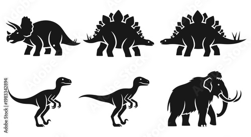 Prehistoric animals silhouettes set: Triceratops, Stegosaurus, Velociraptor, and Woolly Mammoth icons