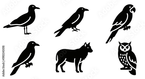 Set of Diverse Black Animal and Bird Silhouettes - Vector Wildlife Icons on White Background