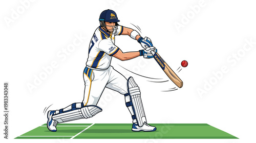 Cricket player batting ball on green field