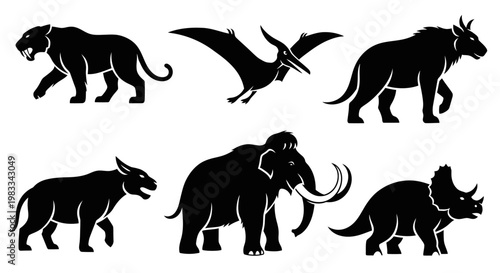 Set of Prehistoric Animal Silhouettes: Extinct Dinosaurs and Ice Age Mammals