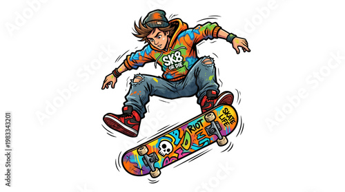 Skateboarder mid air jump trick