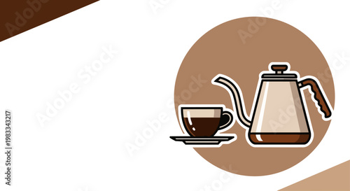 Coffee preparation illustration brown cup and kettle graphic