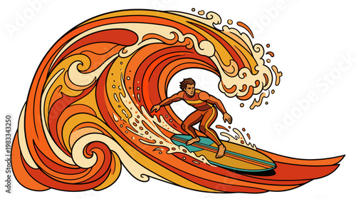 Surfer riding a wave with retro style