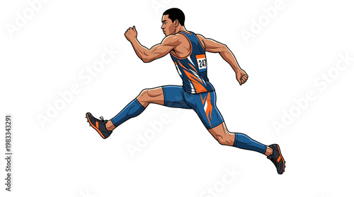 Male athlete running sprint race on blue athletic track