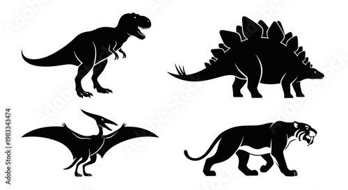 Prehistoric Animal Silhouettes Collection: Dinosaurs and Saber-toothed Tiger Icons
