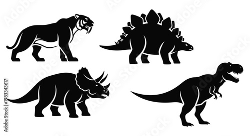 Prehistoric Animal Silhouettes Set Including Dinosaurs and Saber-toothed Tiger