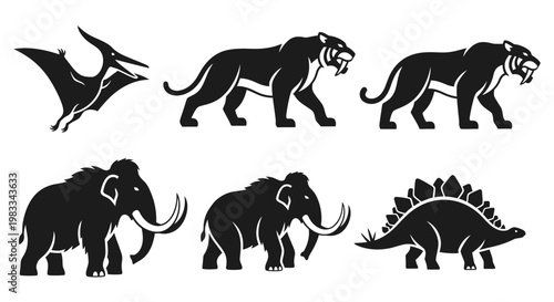 Prehistoric Animals Silhouette Vector Set: Mammoth, Saber-Toothed Tiger, Pterodactyl, and Dinosaur Icons