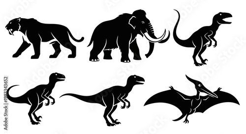 Prehistoric Animals Silhouettes Collection: Dinosaurs, Mammoth, Saber-Toothed Tiger Vector Set