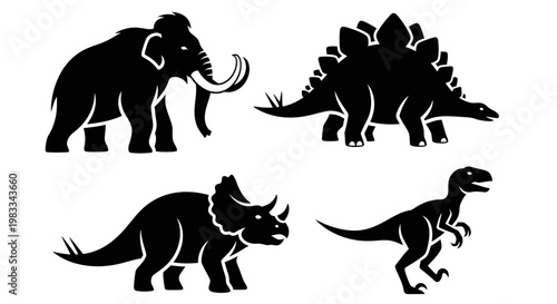 Prehistoric Animals Silhouettes Collection: Mammoth, Stegosaurus, Triceratops, and Tyrannosaurus Rex Icons
