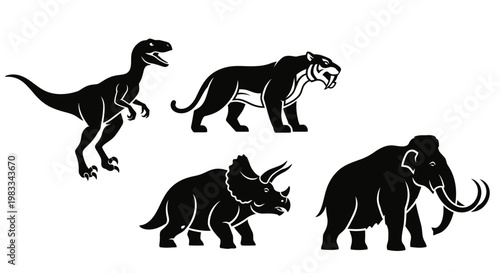 Prehistoric Animals Silhouettes: Dinosaur, Saber-Toothed Tiger, Triceratops, and Mammoth Vector Set