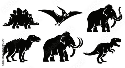Prehistoric Animals Silhouettes Set - Dinosaurs and Mammoths Icons Collection