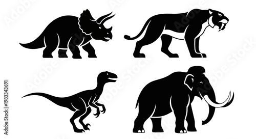 Prehistoric Animals Silhouettes Set: Dinosaurs and Extinct Mammals Vector Collection