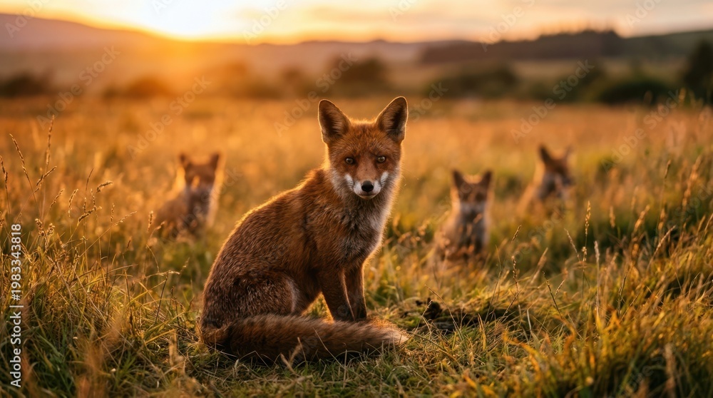 Fototapeta premium A family of red foxes sits in a golden field during a warm sunset