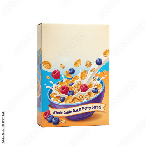 Whole grain oat cereal box with berries on white background